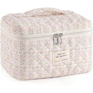 Makeup Bag for Women Quilted Cotton Make Up Bag Travel Cosmetic Bag Large Makeup